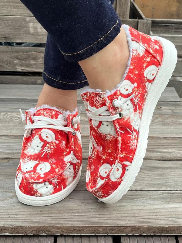 Women's Cute Cartoon Santa Claus Print Lace Up Low Top Sneakers, Casual Comfortable Breathable Shoes, Female All-match Round Toe Walking Shoes for Fall & Winter