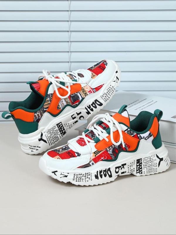 Boho Style Colorblock Letter Pattern Low Top Platform Sneakers, Casual Comfortable Sports Shoes for Women, Trendy All-match Sneakers for Daily Wear Fall Shoes