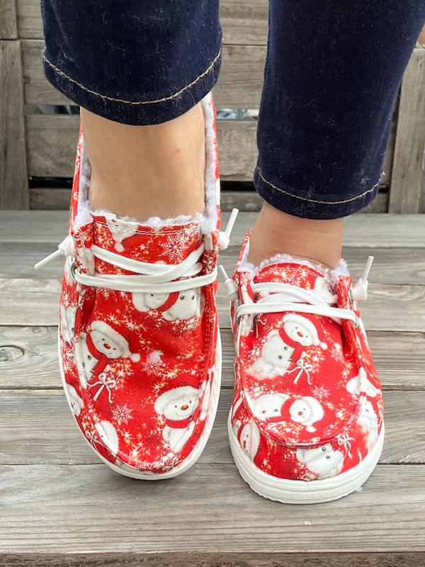 Women's Cute Cartoon Santa Claus Print Lace Up Low Top Sneakers, Casual Comfortable Breathable Shoes, Female All-match Round Toe Walking Shoes for Fall & Winter