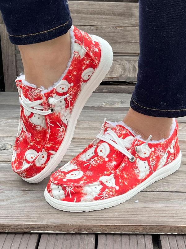 Women's Cute Cartoon Santa Claus Print Lace Up Low Top Sneakers, Casual Comfortable Breathable Shoes, Female All-match Round Toe Walking Shoes for Fall & Winter