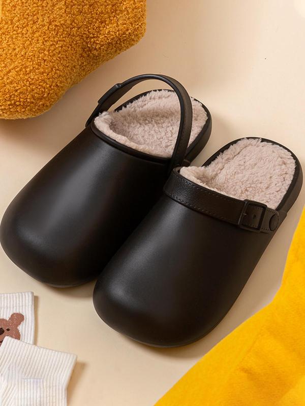 Women's Solid Color Waterproof Plush Lining Slippers, Casual Soft Comfortable Home Slippers for Indoor & Outdoor Wear, Fluffy Winter House Shoes for Daily Wear