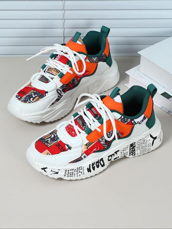 Boho Style Colorblock Letter Pattern Low Top Platform Sneakers, Casual Comfortable Sports Shoes for Women, Trendy All-match Sneakers for Daily Wear Fall Shoes