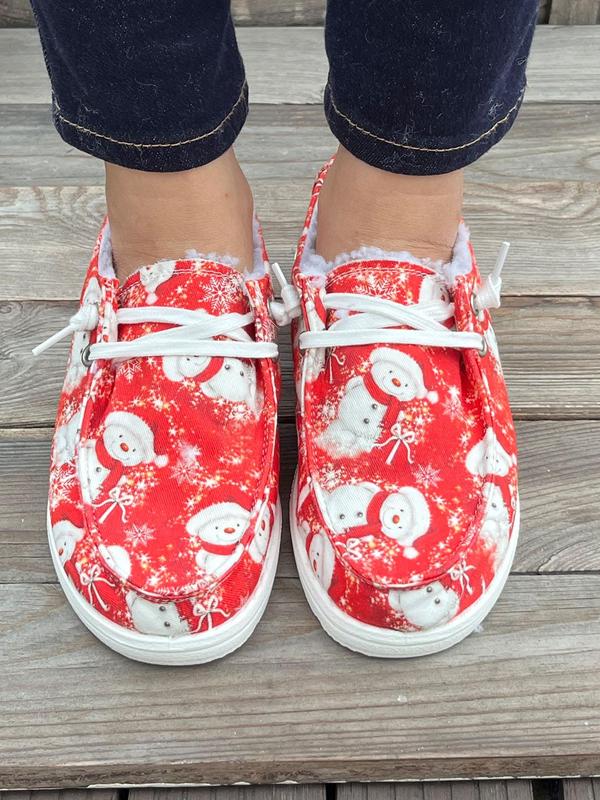 Women's Cute Cartoon Santa Claus Print Lace Up Low Top Sneakers, Casual Comfortable Breathable Shoes, Female All-match Round Toe Walking Shoes for Fall & Winter