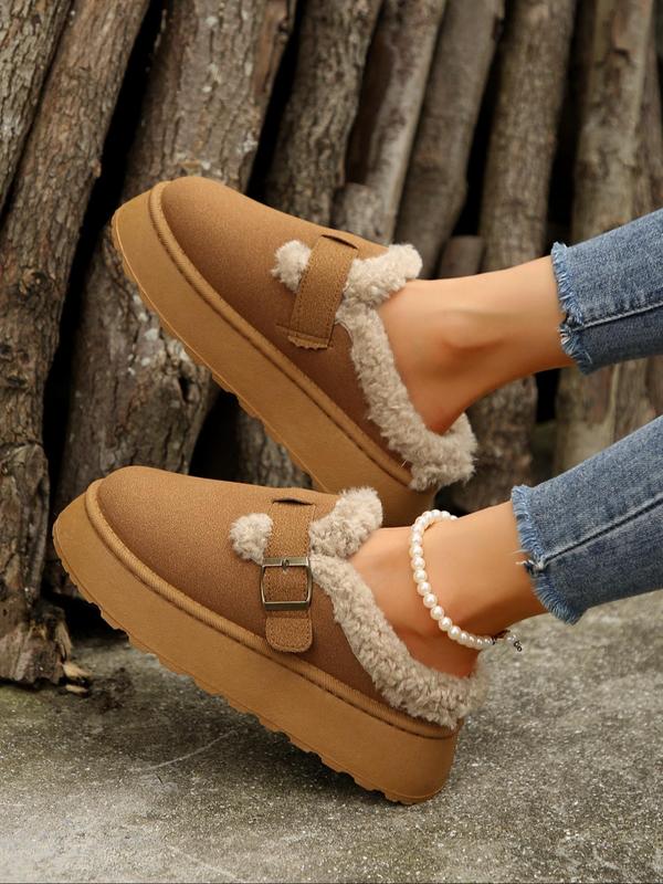 Women's Solid Color Belted Designed Platform Plush Slippers, Casual Soft Comfortable Home Slippers, Warm Slippers for Indoor & Outdoor Use for Winter