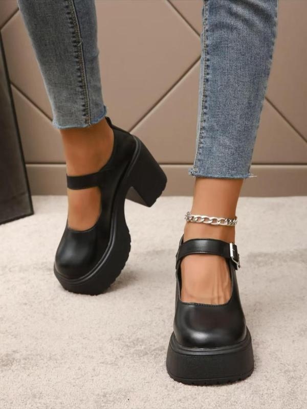 Women's Solid Color Round Toe Platform Chunky Heel Shoes, Casual Comfortable Buckle Pu Leather Mary Jane Shoes for Daily Wear, Lightweight Breathable Shoes for Daily Wear, Students and Outdoor