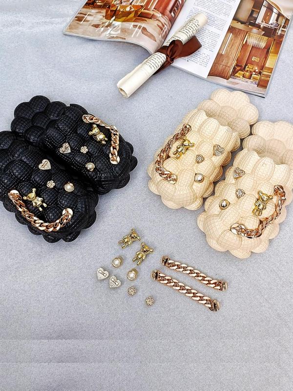 Women's Cute Rhinestone & Faux Pearl Decor Heart & Flower & Bear Design Clogs Charms, 10pcs set Trendy Novelty Chain Design Clogs Ornaments, Chic All-match Accessories for DIY Clogs Decor