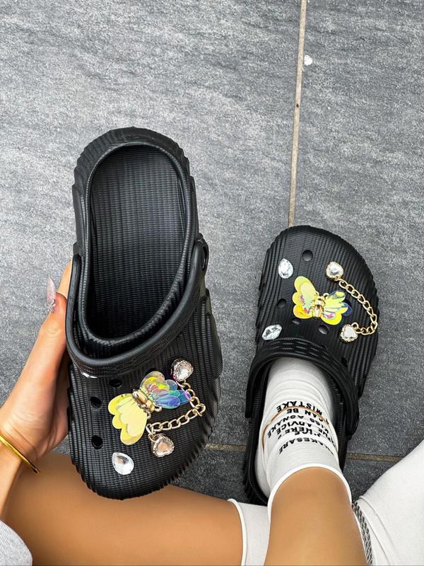 Women's Cute Plain Color Clogs with Heart & Butterfly Design Charms, 1 Pair Trendy Novelty Clogs with Rhinestone Decor Shoe Charms, Fashionable Non-slip Shoes for Indoor & Outdoor Wear