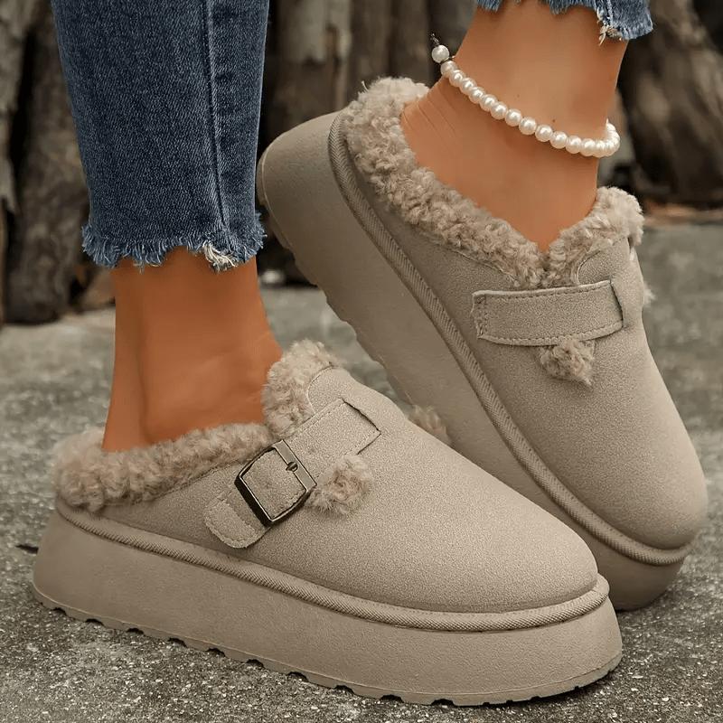 Women's Cozy Plush-Lined Ankle Boots with Buckle Strap - Comfortable Slip-On Non-Slip Rubber Sole Round Toe Mid-Heel Solid Color Fashionable Winter Footwear