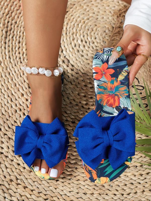 Women's Cute Bowknot Design Slip on Sandals, Casual Trendy Flat Sandals, Fashionable Barefoot Shoes for Beach Vacation