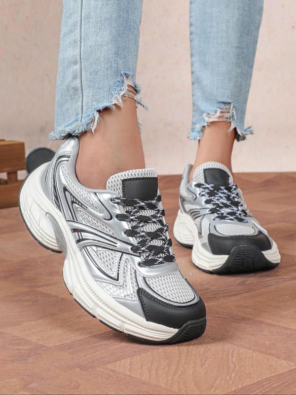 Women's Sporty Lace Up Low Top Chunky Sneakers, 2024 New Style Casual Comfortable Breathable Running Shoes, Fashionable Sneakers for Daily Wear