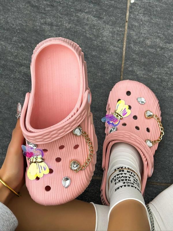 Women's Cute Plain Color Clogs with Heart & Butterfly Design Charms, 1 Pair Trendy Novelty Clogs with Rhinestone Decor Shoe Charms, Fashionable Non-slip Shoes for Indoor & Outdoor Wear