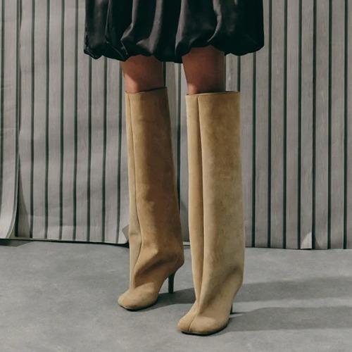 Beige Suede Knee High Boots for Women Slip On Heeled Boots Ladies Square Toe Wide Calf Stiletto High Heel Long Boots Pull On Dress Tall Boots Fall