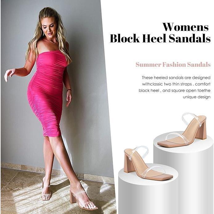 Women's Square Open Toe Two Strap Heeled Sandals Slip On Block Chunky Heels Sandals