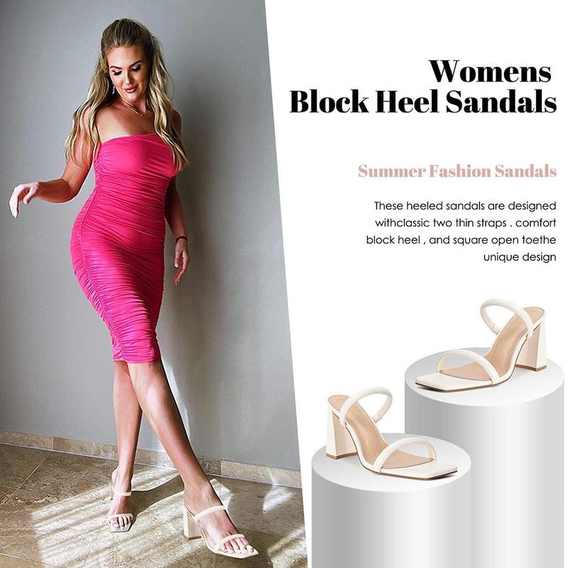 Women's Square Open Toe Two Strap Heeled Sandals Slip On Block Chunky Heels Sandals