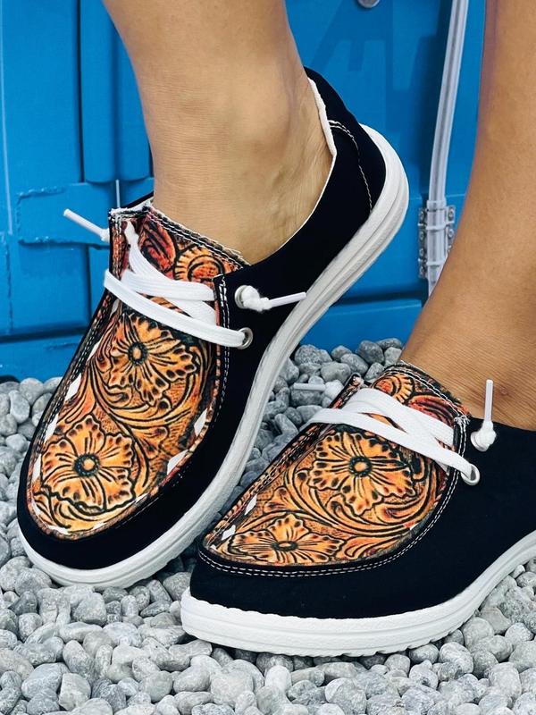 Women's Fashionable Floral Print Lace Up Low Top Canvas Training Shoes, Summer 2024 Casual Comfortable Sports Shoes for Daily Wear, Breathable Non-slip Shoes for Women & Girls, Walking Shoes