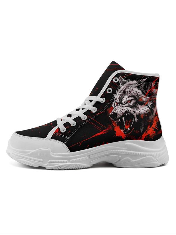 Men's Wolf Print Lace Up Front Colorblock High Top Sneakers, Casual Comfortable Breathable Sports Running Shoes, Male All-match Round Toe Shoes for Daily Wear