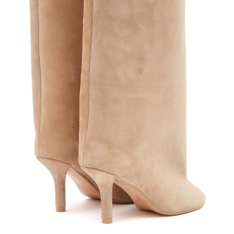 Beige Suede Knee High Boots for Women Slip On Heeled Boots Ladies Square Toe Wide Calf Stiletto High Heel Long Boots Pull On Dress Tall Boots Fall