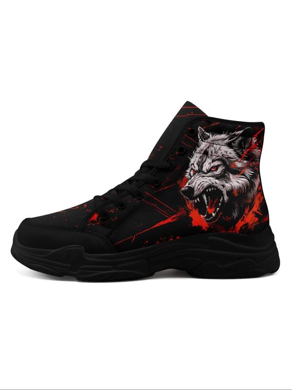 Men's Wolf Print Lace Up Front Colorblock High Top Sneakers, Casual Comfortable Breathable Sports Running Shoes, Male All-match Round Toe Shoes for Daily Wear