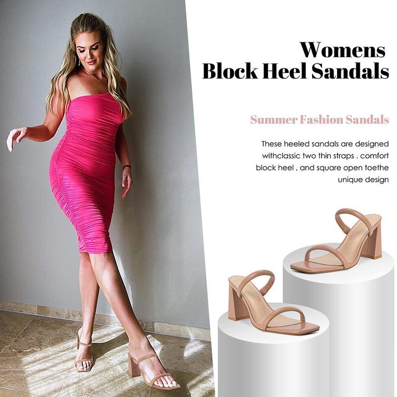 Women's Square Open Toe Two Strap Heeled Sandals Slip On Block Chunky Heels Sandals