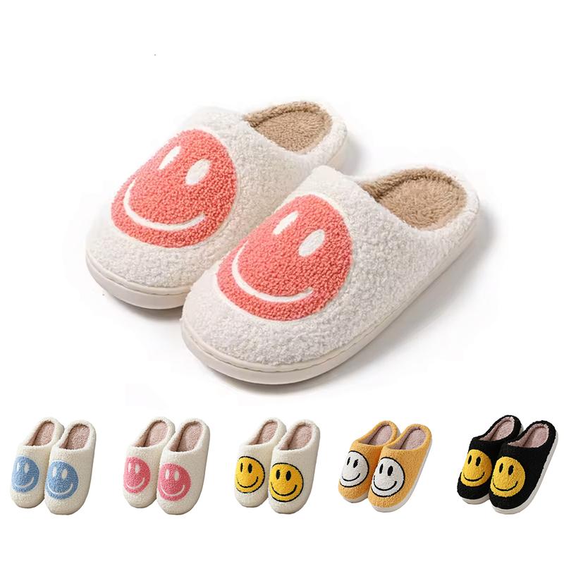 Smile Face Slippers for Women Soft Plush Smile Slippers Retro Preppy Slippers with Smile Face Happy Face Slip-on Cozy Indoor Outdoor Slippers Comfy Shoes