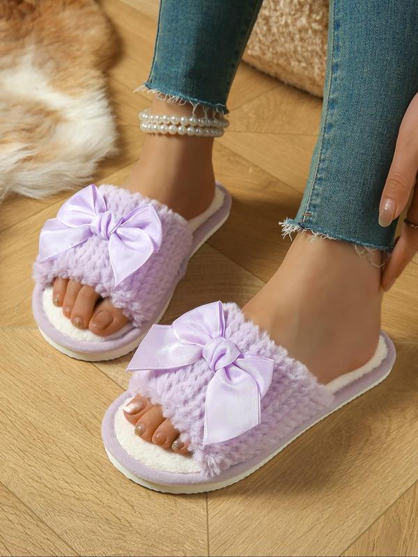 Women's Solid Color Bowknot Design Plush Slippers, Casual Soft Comfortable Home Slippers, Warm Slippers for Indoor & Outdoor Use for Fall & Winter