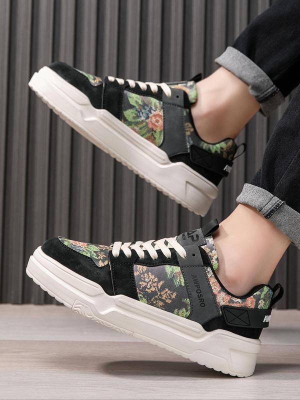 Men's Fashionable Colorblock Floral Pattern Lace Up Low Top Sneakers, Casual Comfortable Sports Shoes for Daily Wear, Trendy All-match Chunky Sneakers for Students