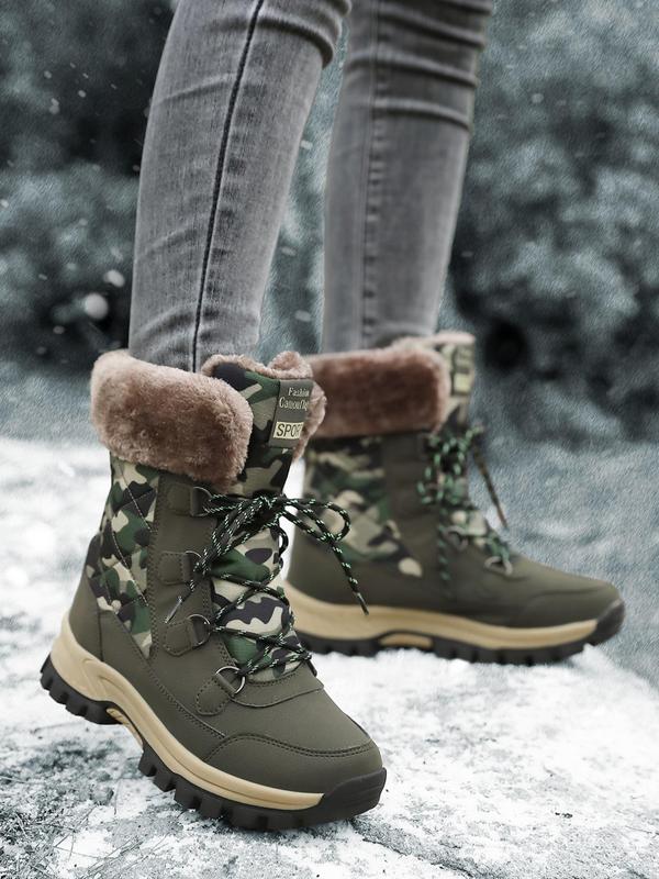 Women's Camo Print Lace Up High Top Snow Boots, Casual Comfortable Warm Non-slip Boots for Winter, Female All-match Trend Shoes for Daily Wear