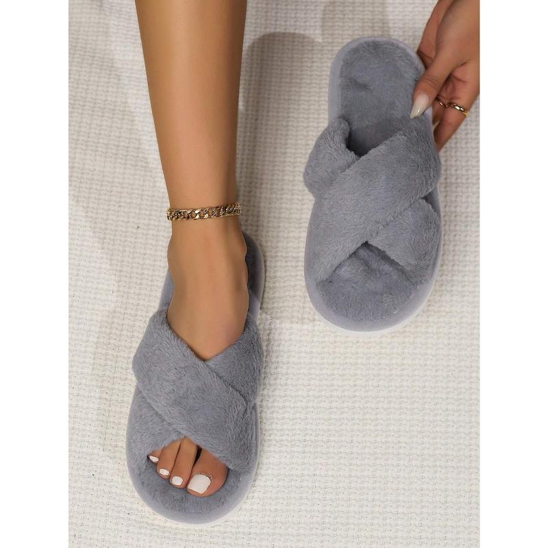 Women'S White Open Toe Cross Strap Fuzzy Slipper, Indoor Anti-Slip House Shoes, Fashionable SHEIN