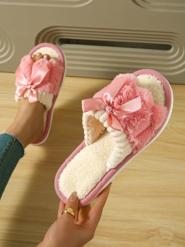 Women's Cute Bowknot Design Plush Slippers, Casual Soft Comfortable Home Slippers, Warm House Slippers for Indoor & Outdoor Use for Fall & Winter