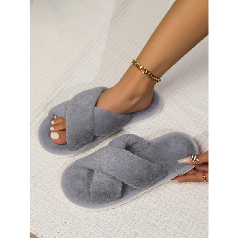 Women'S White Open Toe Cross Strap Fuzzy Slipper, Indoor Anti-Slip House Shoes, Fashionable SHEIN