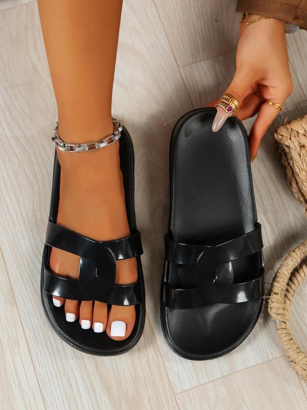 Women's Fashionable Solid Color Double Buckle Slides, Casual Comfortable Flat Sandals for Beach Outdoor, Non-slip Slides for Indoor & Outdoor Wear