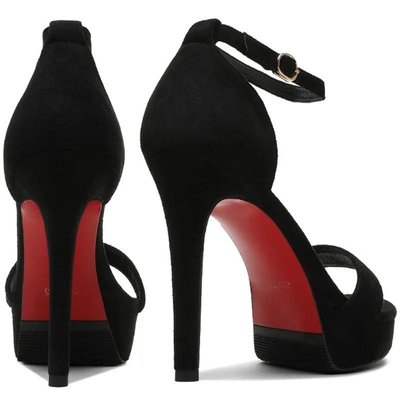 2024 New Summer Women 12cm High Heels 2cm Platform Suede Black Sandals Lady Stiletto Heels Strappy Sandles Catwalk Fetish Shoes