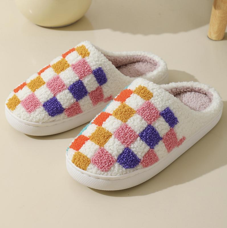 Multicolored Plaid Pattern Warm Padded Cotton Slippers Footwear Walking Shoes Women Girl