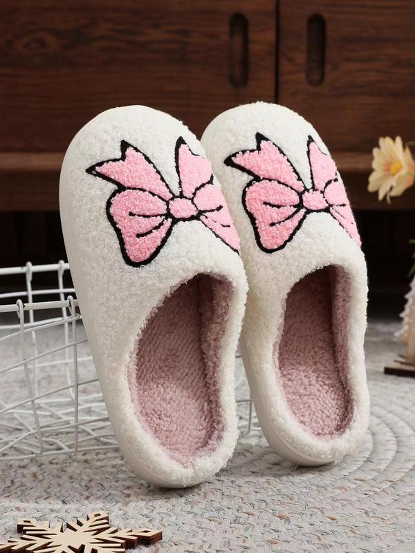 Women's Cute Cartoon Bowknot Pattern Slippers, Casual Soft Comfortable Home Slippers, Warm Slippers for Indoor & Outdoor Use for Fall & Winter