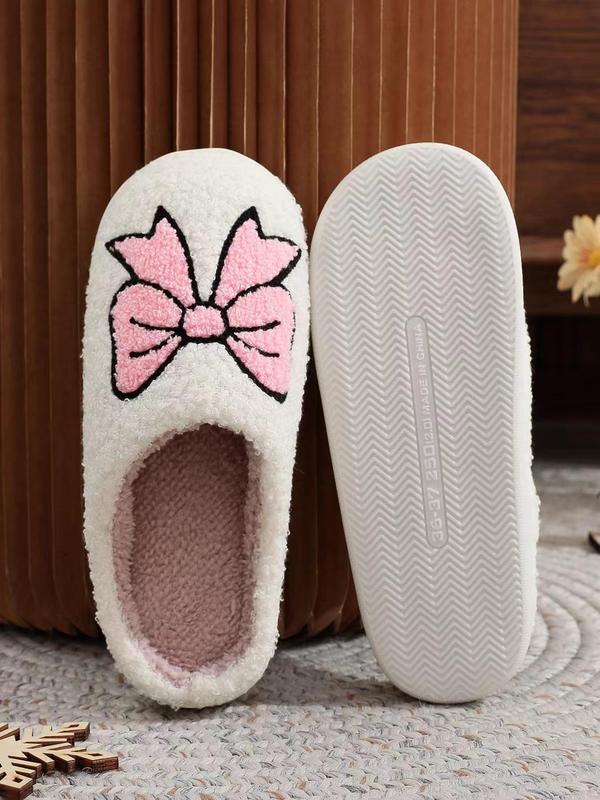 Women's Cute Cartoon Bowknot Pattern Slippers, Casual Soft Comfortable Home Slippers, Warm Slippers for Indoor & Outdoor Use for Fall & Winter