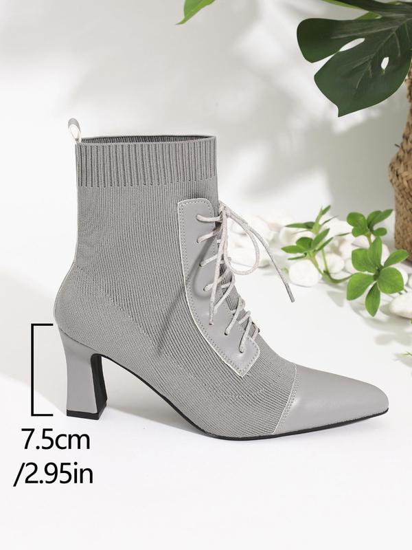 Women's Fashionable Patchwork Design Lace Up Sock Boots, Elegant Pointed Toe High Heel Boots for Party, Daily Clothing Decor for Women & Girls