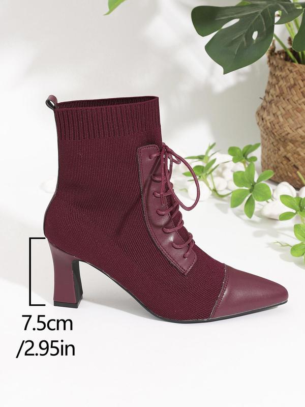 Women's Fashionable Patchwork Design Lace Up Sock Boots, Elegant Pointed Toe High Heel Boots for Party, Daily Clothing Decor for Women & Girls