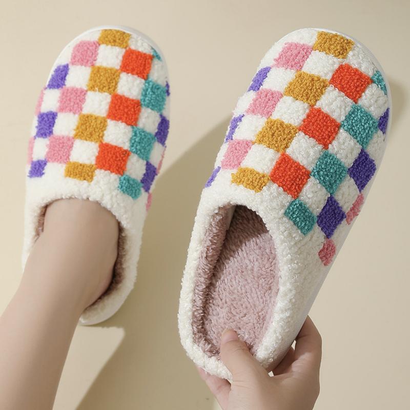 Multicolored Plaid Pattern Warm Padded Cotton Slippers Footwear Walking Shoes Women Girl