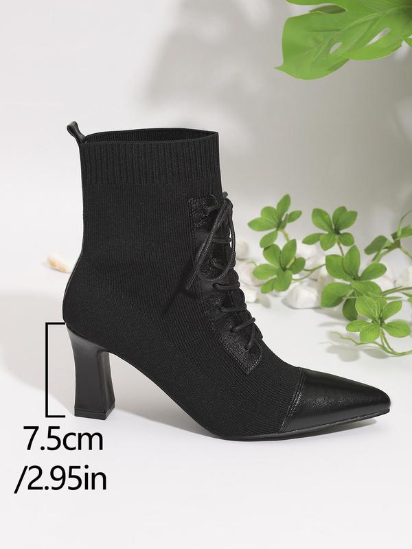 Women's Fashionable Patchwork Design Lace Up Sock Boots, Elegant Pointed Toe High Heel Boots for Party, Daily Clothing Decor for Women & Girls