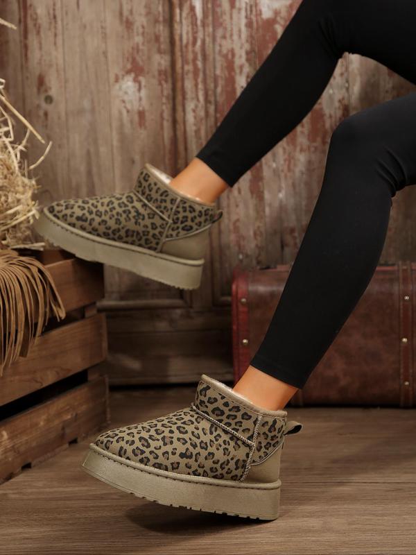 Women's Fashion Leopard Print Plush Lining Ankle Boots, Casual Comfortable Fashionable Snow Boots for Fall & Winter, Fluffy Winter Shoes for Women