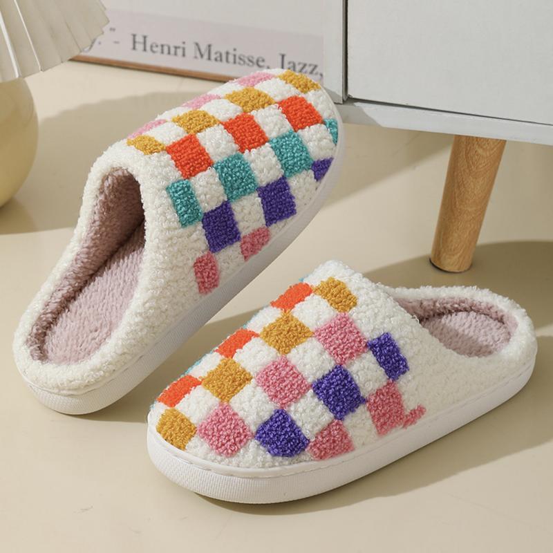 Multicolored Plaid Pattern Warm Padded Cotton Slippers Footwear Walking Shoes Women Girl