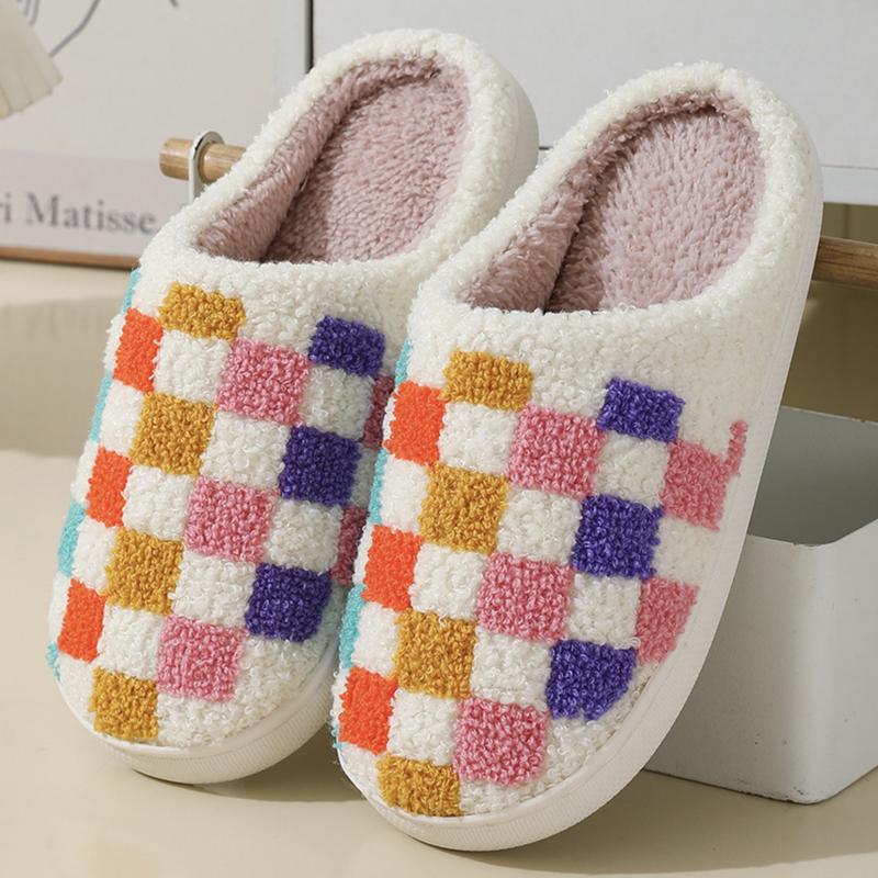 Multicolored Plaid Pattern Warm Padded Cotton Slippers Footwear Walking Shoes Women Girl