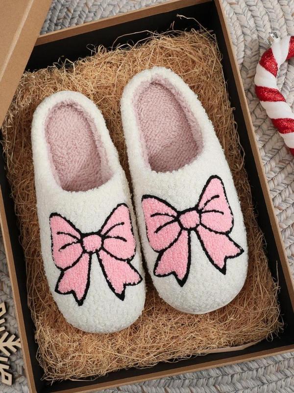 Women's Cute Bowknot Design Plush Slippers, Casual Soft Comfortable Home Slippers, Warm Slippers for Indoor & Outdoor Use for Fall & Winter