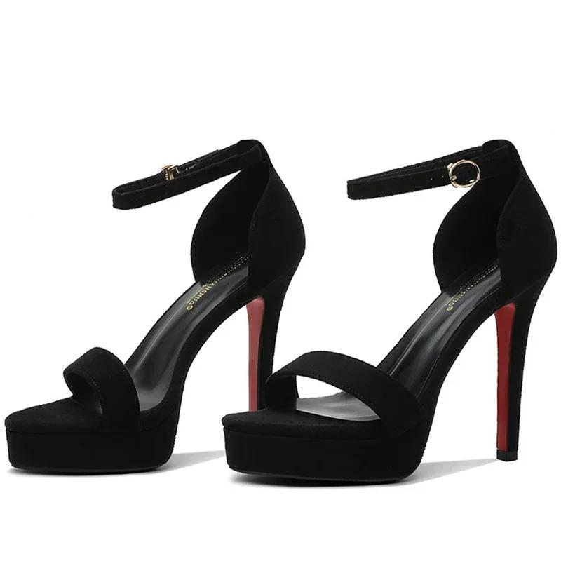 2024 New Summer Women 12cm High Heels 2cm Platform Suede Black Sandals Lady Stiletto Heels Strappy Sandles Catwalk Fetish Shoes