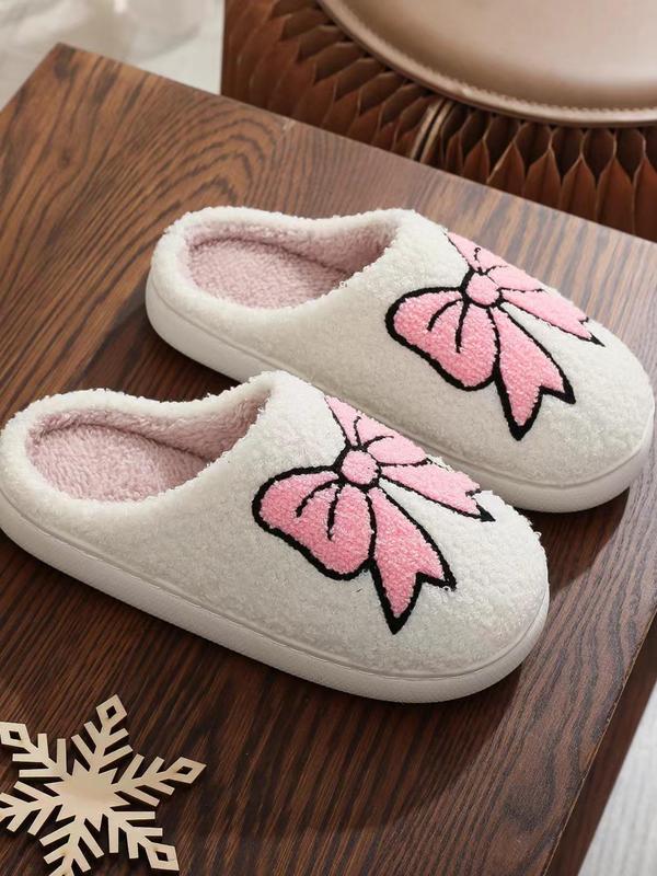 Women's Cute Cartoon Bowknot Pattern Slippers, Casual Soft Comfortable Home Slippers, Warm Slippers for Indoor & Outdoor Use for Fall & Winter