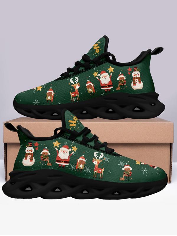 Men's Fashionable Christmas Theme Santa Claus & Bell Print Sneakers, Breathable Blade Sole Sports Running Shoes, Male All-match Round Toe Shoes for Daily Wear