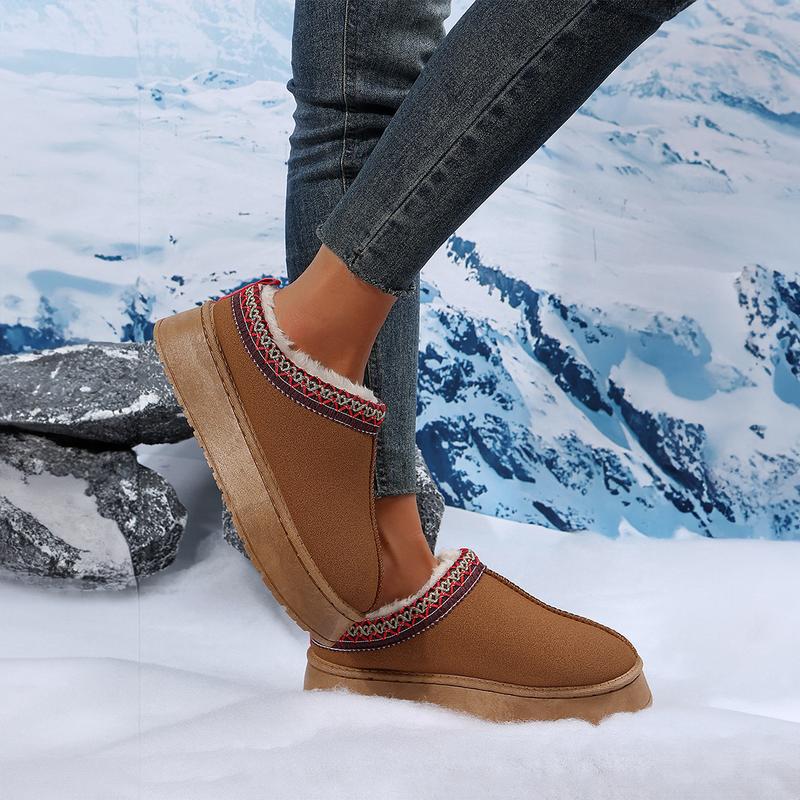 Women's Chestnut Contrast Print Suede Plush Lined Snow Boots, Girl Winter Stylish Design Footwear Comfort Shoe