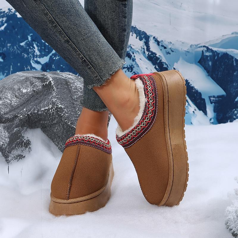 Women's Chestnut Contrast Print Suede Plush Lined Snow Boots, Girl Winter Stylish Design Footwear Comfort Shoe