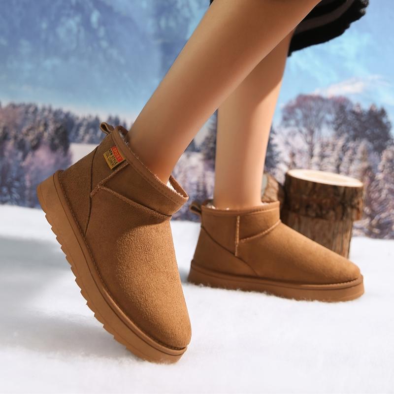 A Neutral Solid Color Snow Boots with round Toe Design, Lined with Warm Corduroy, Insole Is Flannel, Rubber Sole, Bringing a Comfortable Experience in Winter