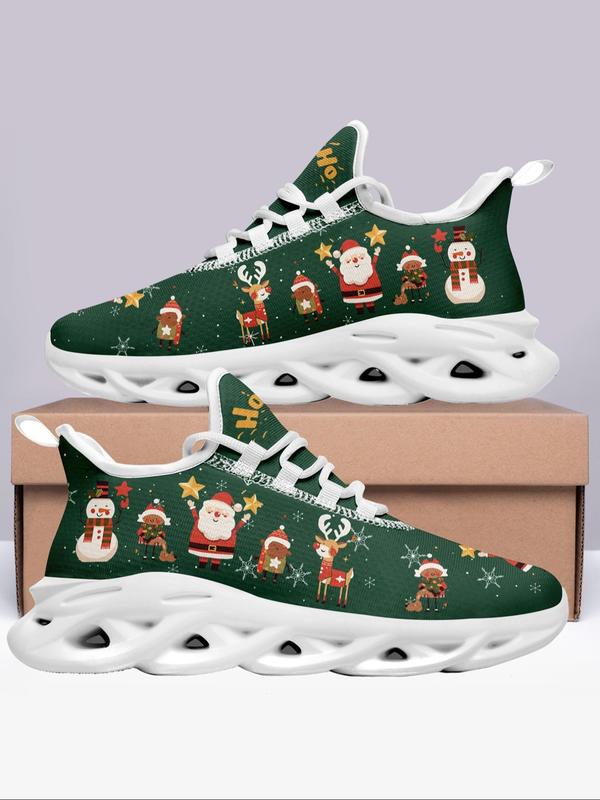 Men's Fashionable Christmas Theme Santa Claus & Bell Print Sneakers, Breathable Blade Sole Sports Running Shoes, Male All-match Round Toe Shoes for Daily Wear